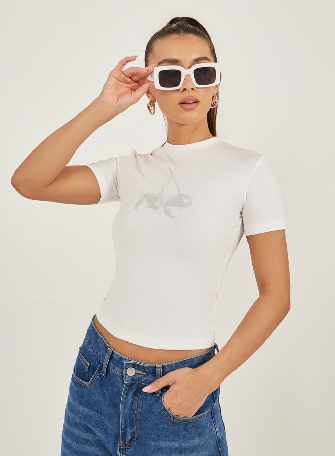 Styli Graphic Print Round Neck Crop T-Shirt - Image 1